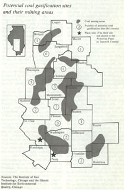 Potential coal gasification sites and their mining areas