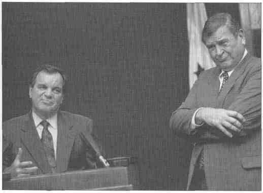 Dan Rostenkowski was vitally important in helping Illinois and Chicago compete for federal dollars, and his departure from Congress will hamstring Mayor Richard M. Daley and Gov. Jim Edgar in their efforts in Washington.  In fact, a parade of Illinois office-holders found Rostenkowski's booty reason enough to overlook the indictment and to evoke his presumption of innocence.  Earlier this year, Daley (left) and Rostenkowski faced the press in the mayor's City Haall briefing room