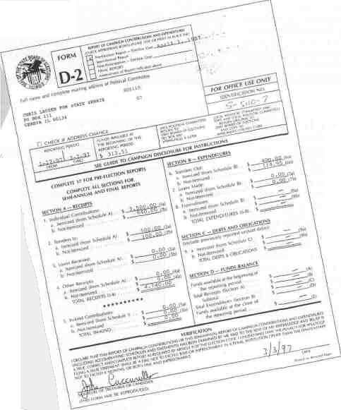 Several proposals have been floated
in the General Assembly to
change both forms.
Evanston Democratic
Rep. Jan Schakowsky,
for example, would
require contributors of
more than $ 150 to list
their occupations and
employers. Sen. Marty
Butler, a Park Ridge
Republican, would
eliminate the D-3.